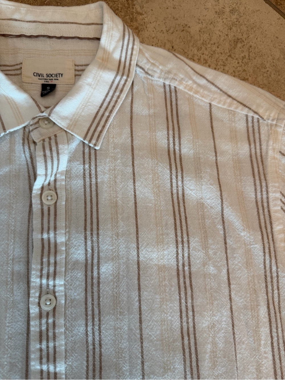 Society White Shirt with Tan Vertical Stripes - Casual Button-Down